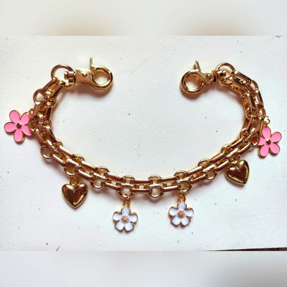 Gold Chain Bag Bracelet with Pink and White Charms NIP
